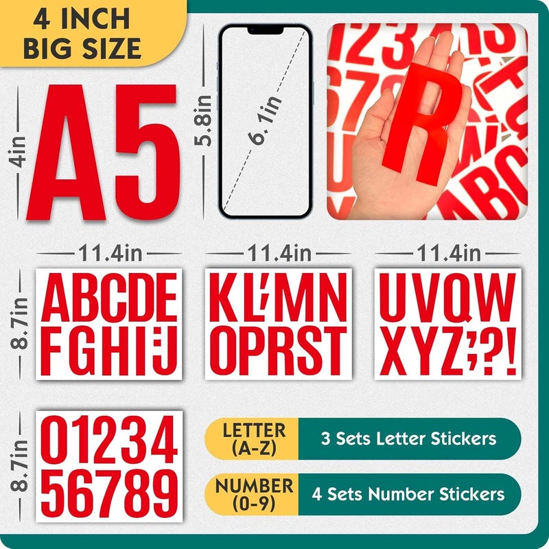Seloom 13 Sheets Alphabet Stickers,4 Inch Large Vinyl Letter Number Stickers Self Adhesive,Waterproof Numbers Alphabet Letters Labels for DIY Crafts,Mailbox,Notebook,Door,Water Bottles,Car(Red) - Image 2